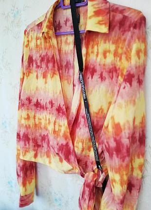 Блуза жіноча літо яскрава рубашка лето тайдай оранжевая яркая на запах кроп топ длинный рукав новая на завязках бант