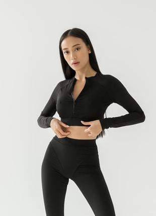 Чорний рашгард / вкорочений спортивний топ з довгим рукавом та блискавкою