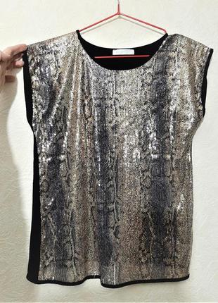 Рromod бренд кофточка блуза женская чёрная расшитая золотистыми пайетками майка нарядная эластик3 фото