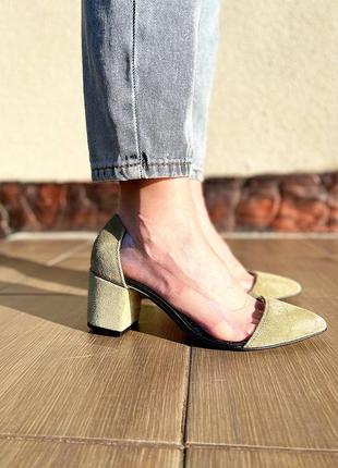 Туфлі човники = monro
на обтяжному каблучці, оливковий, натуральна замша /силікон6 фото