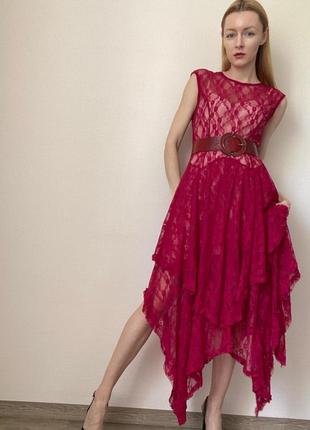 Кружевное платье красное прозрачное бордовое миди
