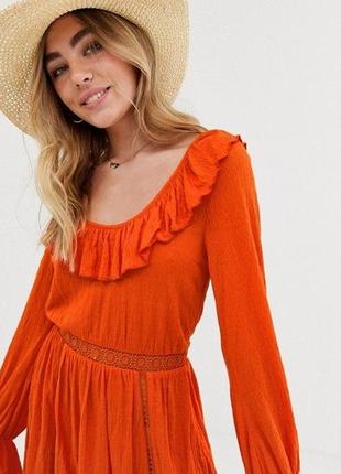 Бохо сукня asos з оборками плетені гачком вставки кроше помаранчева коралове помаранчеве сукня в романтичному стилі волан прошва3 фото