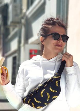 Сумка бананка з бананами, поясна чорна сумка з принтом унісекс