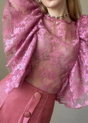 Кружевная блуза розовая с воланами романтичная  прозрачная6 фото