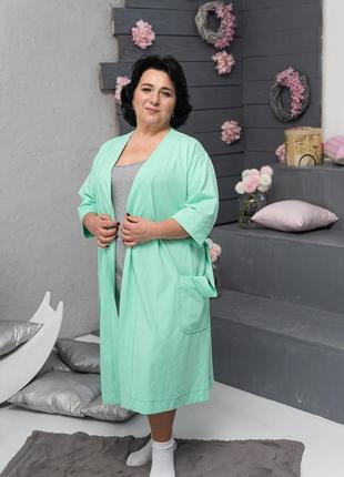 Літній жіночий трикотажний халат батальних розмірів м'ятного кольору бавовняної основи