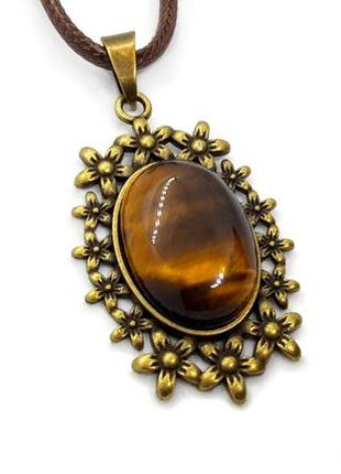 🔺🐯🌻 кулон в стиле винтаж "цветы" на коричневом шнурке натуральный камень тигровый глаз