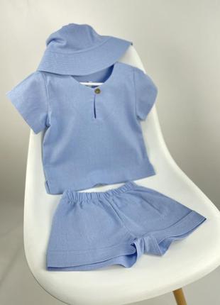 Літній костюм з льону блакитного трійка комплект панамка сорочка та шорти9 фото