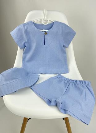 Літній костюм з льону блакитного трійка комплект панамка сорочка та шорти