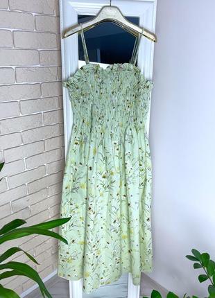 Платье h&m катоновое миди салатовое сукня міді миди на бретельках в цветы квіти3 фото