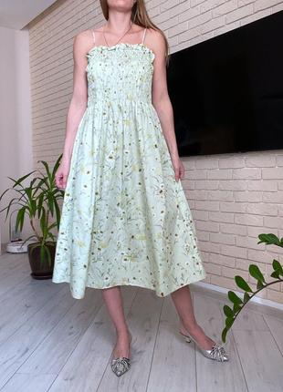 Платье h&m катоновое миди салатовое сукня міді миди на бретельках в цветы квіти9 фото