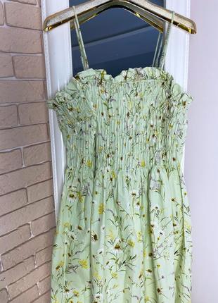Платье h&m катоновое миди салатовое сукня міді миди на бретельках в цветы квіти7 фото