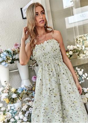 Платье h&m катоновое миди салатовое сукня міді миди на бретельках в цветы квіти8 фото