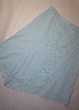 Голубая ассиметричная юбка 55% лен аппликация бисер