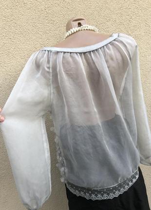 Серая,прозрачная,органза блуза реглан,кружево,аппликация цветы