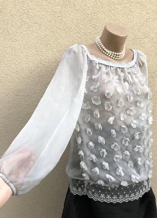 Серая,прозрачная,органза блуза реглан,кружево,аппликация цветы