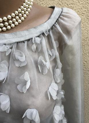 Серая,прозрачная,органза блуза реглан,кружево,аппликация цветы