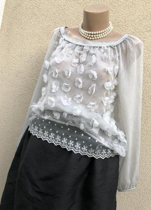 Серая,прозрачная,органза блуза реглан,кружево,аппликация цветы