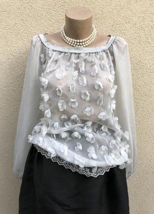 Серая,прозрачная,органза блуза реглан,кружево,аппликация цветы