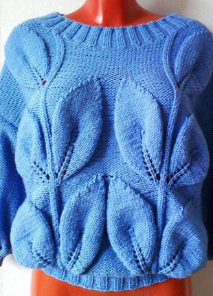 Жіночий светр в'язаний джемпер з великими листям листя ручна робота2 фото