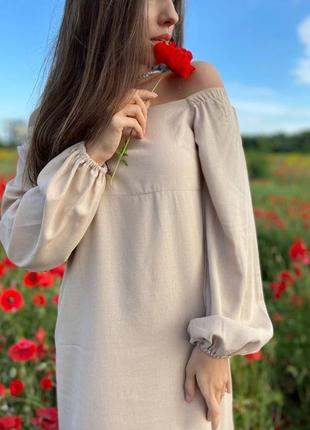 Льняное платье прямого кроя с открытыми плечами натуральный лен льняне плаття льняна сукня2 фото