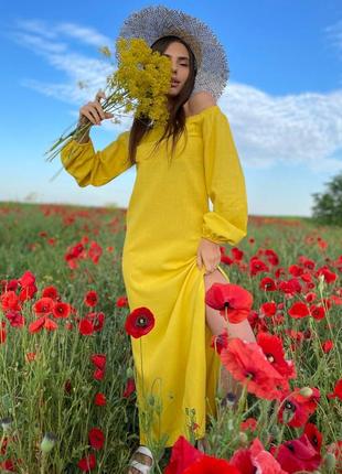 Льняное платье прямого кроя с открытыми плечами натуральный лен льняне плаття льняна сукня10 фото