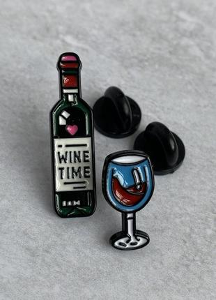 Значки эмалированные - бутылка вина и бокал- набор пин, брош, pin1 фото
