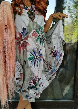 Платье из вискозы в этно бохо стиле асимметричный миди короткое сарафан в принт узор с вышивкой расклешенный оверсайз индийский сукня пальмы тай дай4 фото