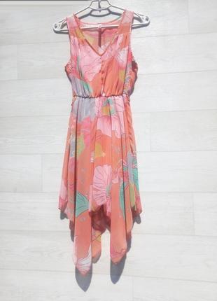 Платье ассиметричное gloria jeans миди розовое разноцветное шифоновое летнее