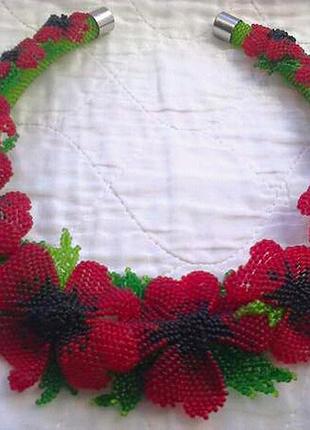 Колье маки. кольє. кольє з бісеру. бісерне кольє. бісер. кольє