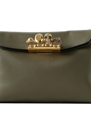 Шкіряна жіноча сумка alexander mcqueen four ring embellished leather pouch, dark green