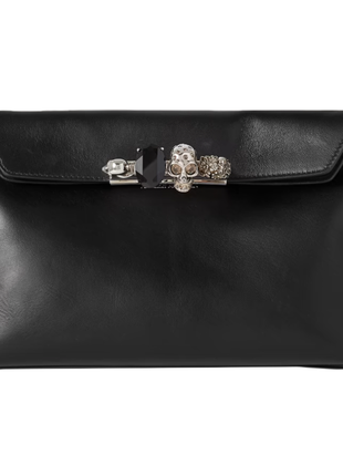 Шкіряна жіноча сумка alexander mcqueen four ring embellished leather pouch, black1 фото