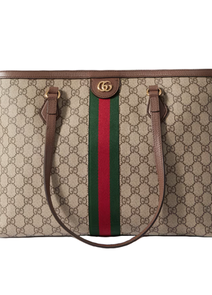 Жіноча сумка gucci ophidia medium leather-trimmed printed coated-canvas tote, brown