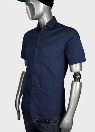 River island приталенная темно-синяя мужская рубашка короткий рукав (100% хлопок)