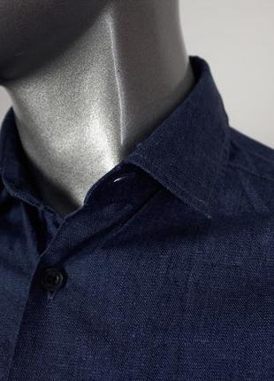 River island приталенная темно-синяя мужская рубашка короткий рукав (100% хлопок)6 фото