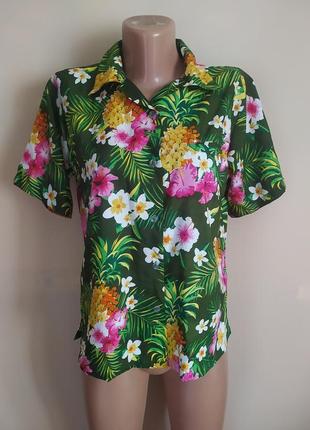 Рубашка гавайская женская зеленая яркая в цветах