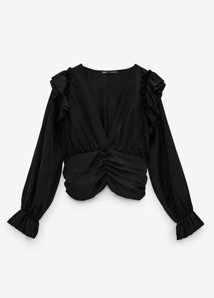 Zara блуза рубашка женская черная сатиновая базовая оригинал в наличии размер s/xs рубашка с рюшами с заской zara zara4 фото