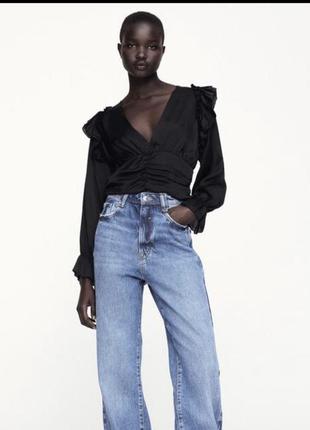 Zara блуза рубашка женская черная сатиновая базовая оригинал в наличии размер s/xs рубашка с рюшами с заской zara zara2 фото