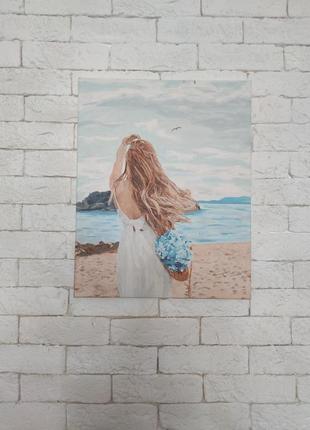 Картина " девушка на пляже с цветами" 40х50 море, океан, легкость, пейзаж