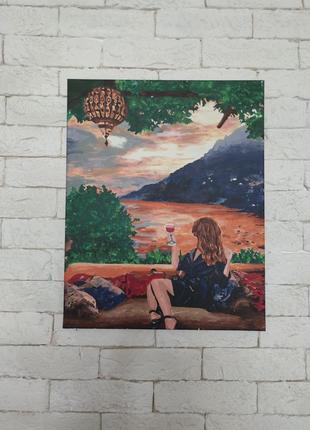 Картина "горы. закат. вино" 40х50 парашют, бокал, девушка, уют, пейзаж