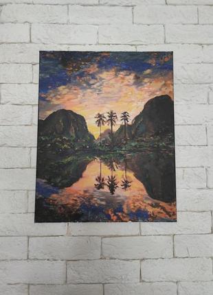 Картина "пейзаж" 40х50 острів, тропіки, гори, пальми, захід, океан, природа