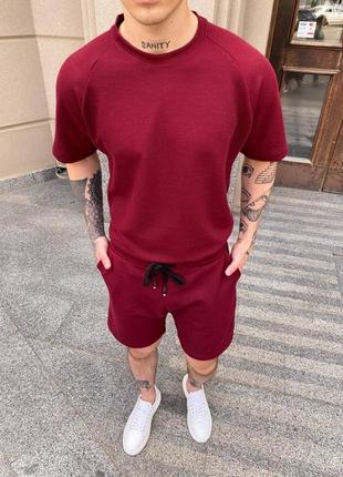 Стильний чоловічий літній оверсайз комплект футболка+шорти в бордовому кольорі4 фото