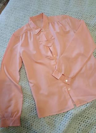Винтажная  шелковая блуза в викторианском стиле нежно-розовая  с жабо м6 фото