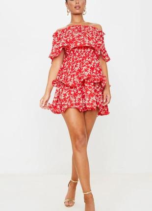 Сукня цервона квіткова відкриті плечі плаття з воланами2 фото