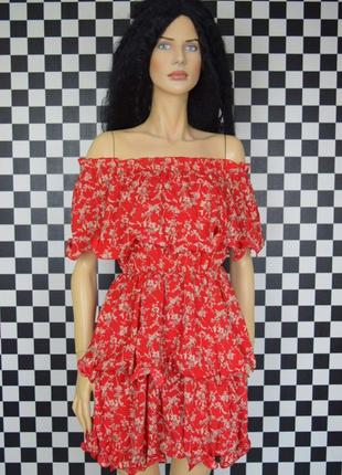 Сукня цервона квіткова відкриті плечі плаття з воланами5 фото