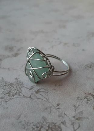 Кольцо hand made wire wrap морское стекло каблуч перстень изумруд проволка море сер бижут бохо этно7 фото