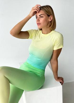 Спортивная женская футболка с перфорацией (желто-бирюзовая) фитнес-футболка с градиентом s m l