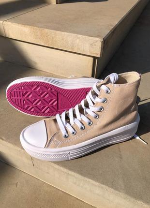 Converse chuck taylor move high beige новинка масивні бежеві кеди з рожевою підошвою конверс весна літо бежевые кеды на высокой розовой подошве2 фото