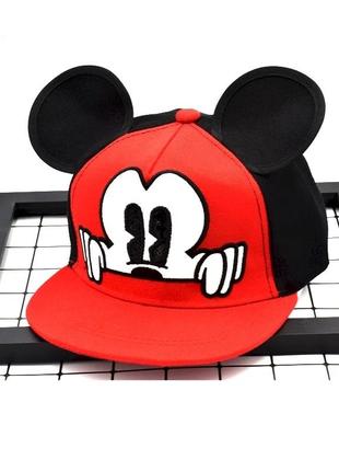 Детская кепка снепбек с ушками микки маус (mickey mouse) disney с прямым козырьком красная, унисекс
