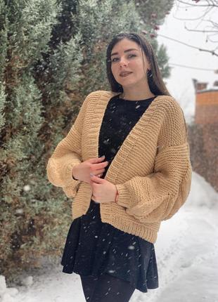 В'язаний кардиган з листям об'ємні рукави ручна робота2 фото