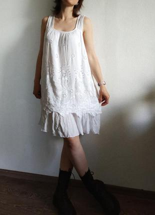 Платье сарафан белый итальялия вискоза решил воланы вышивка туника s m l